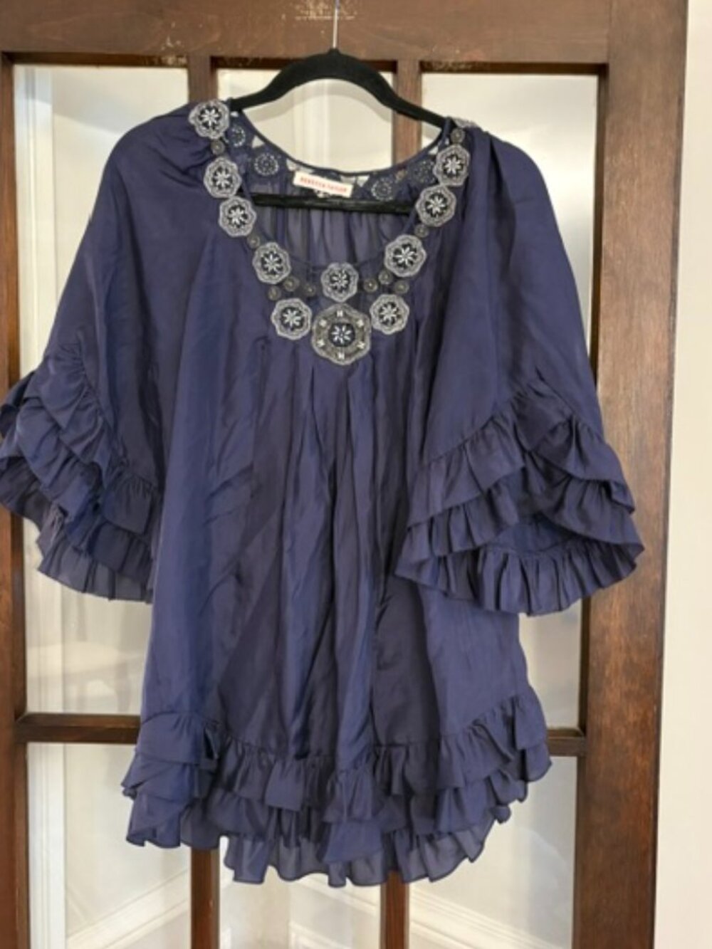 Rebecca Taylor Navy Silk Blouse with Ruffles and Medallions, Size 2